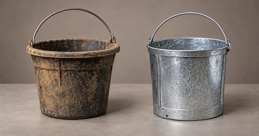 A dark bucket and a separate metal-looking bucket on a tabletop in an edited illustration.