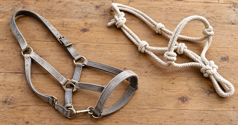 Edited illustration of an empty cream rope halter beside a separate light flat-strap halter on a tabletop