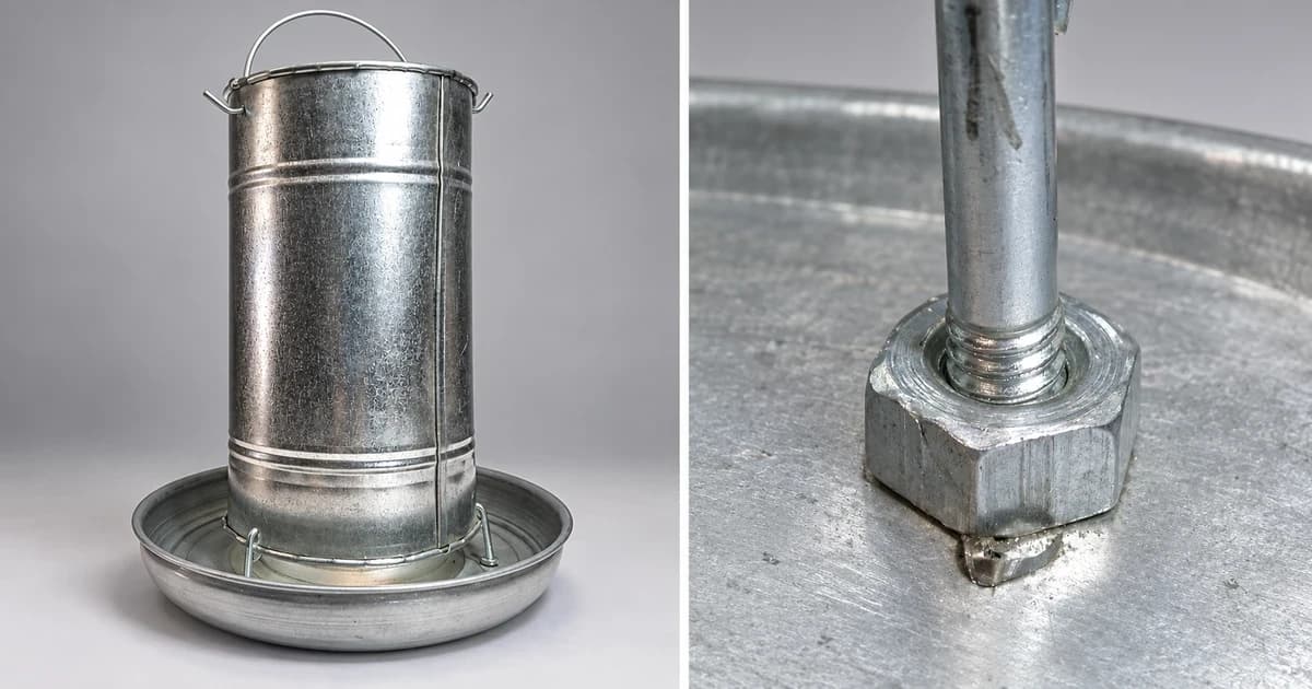 Edited illustration of a cylindrical chicken-feeder exterior beside a separate close-up of feeder hardware.