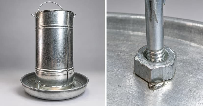 Edited illustration of a cylindrical chicken-feeder exterior beside a separate close-up of feeder hardware.