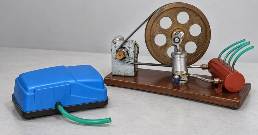 Edited illustration of a blue enclosed air pump beside a separate older belt-driven mechanical air-pump assembly