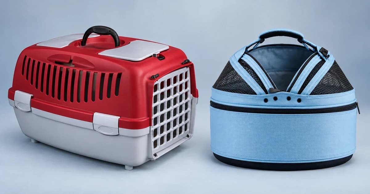 Edited illustration of a red and light-grey hard cat carrier beside a separate blue fabric and mesh carrier