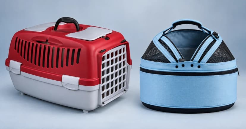 Edited illustration of a red and light-grey hard cat carrier beside a separate blue fabric and mesh carrier