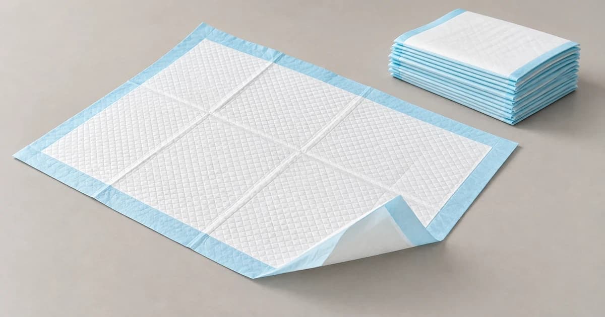 Edited illustration of an unfolded white and pale-blue puppy pad beside a separate stack of folded pads
