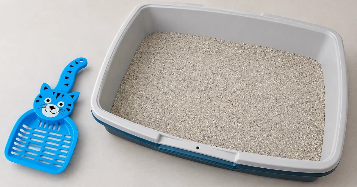 A light-gray open litter pan containing pale granules beside a separate blue slotted scoop on a neutral surface.