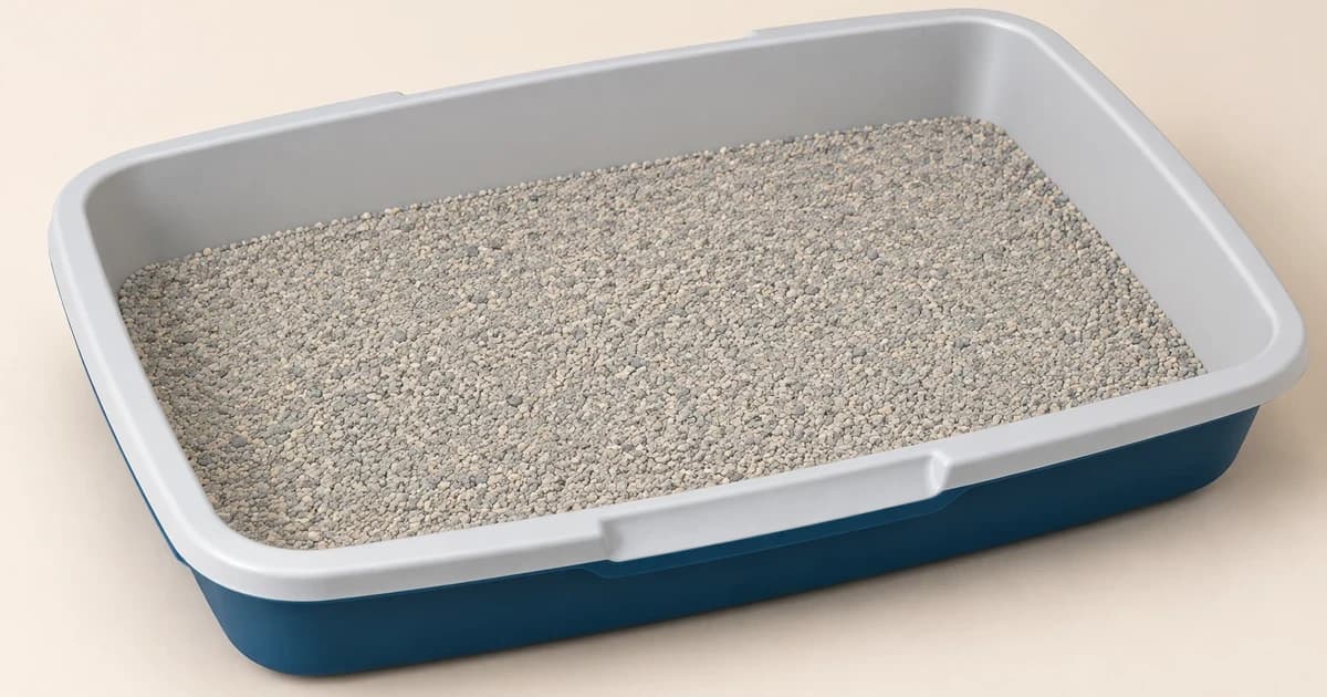 Edited illustration of a plain open litter tray containing pale grey granules