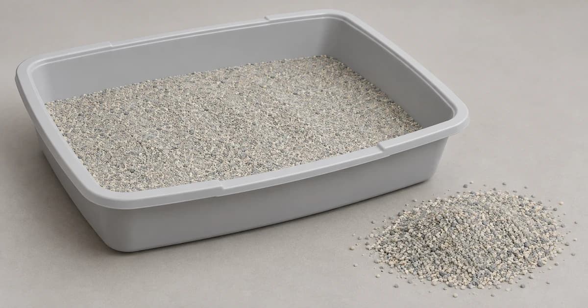 Edited illustration of a grey litter pan beside a separate patch of pale granular litter