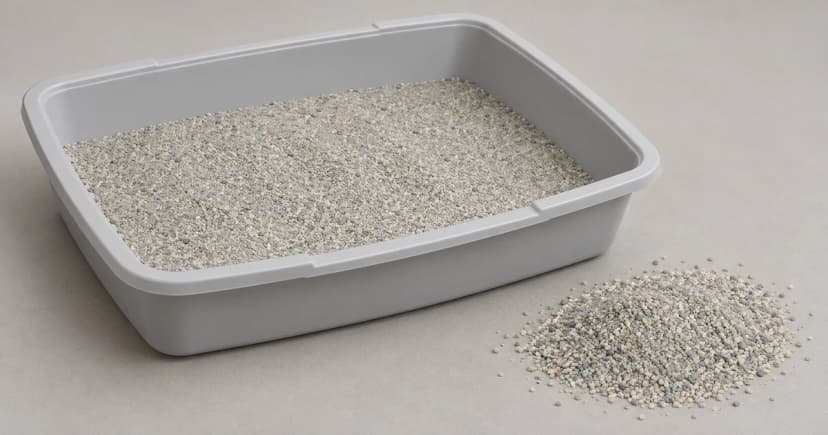 Edited illustration of a grey litter pan beside a separate patch of pale granular litter