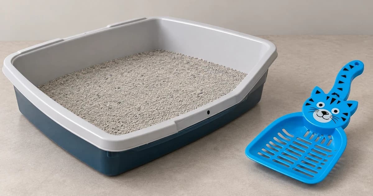 A gray open pan containing pale granules and a separate blue slotted scoop arranged apart on a tabletop.