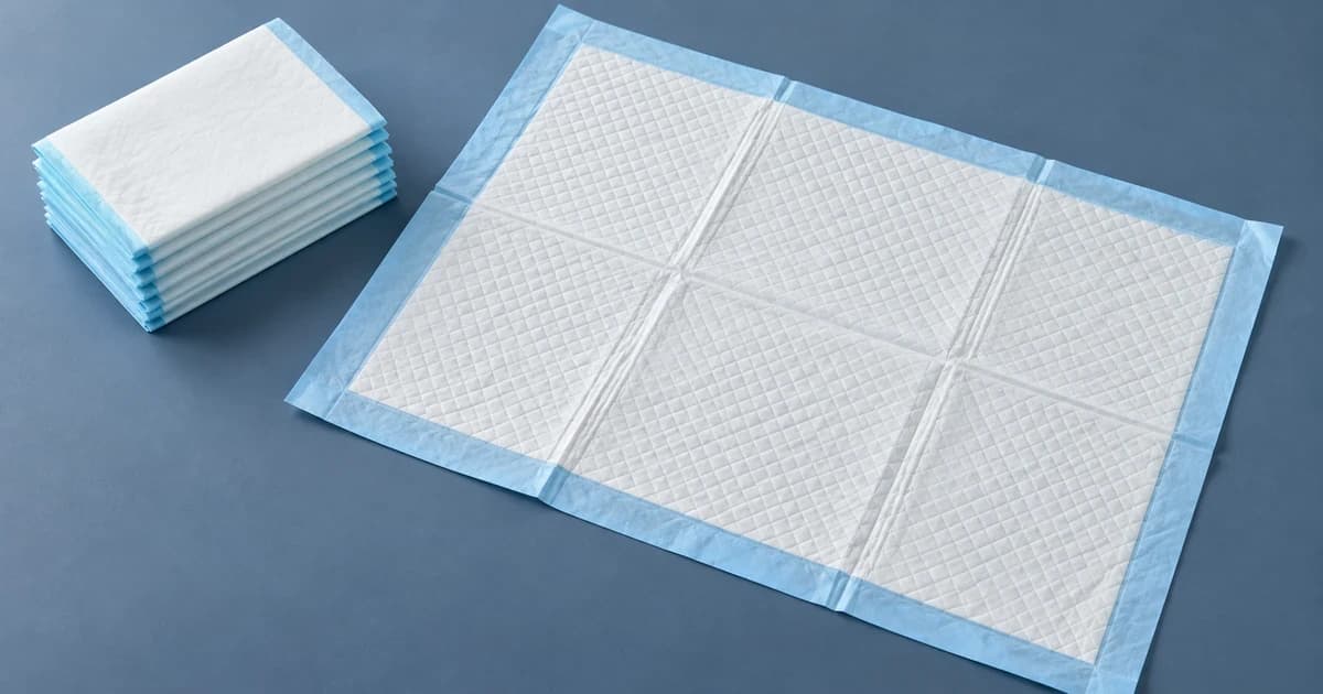 Edited illustration of an unfolded white-and-blue pee pad beside a folded-pad stack
