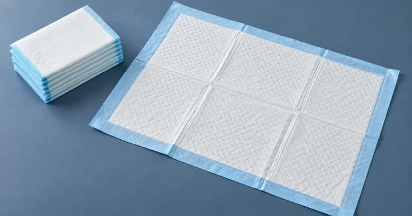 Edited illustration of an unfolded white-and-blue pee pad beside a folded-pad stack
