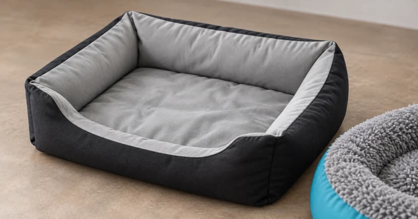 Edited illustration of a grey-and-black bed beside a partial teal-rimmed plush bed