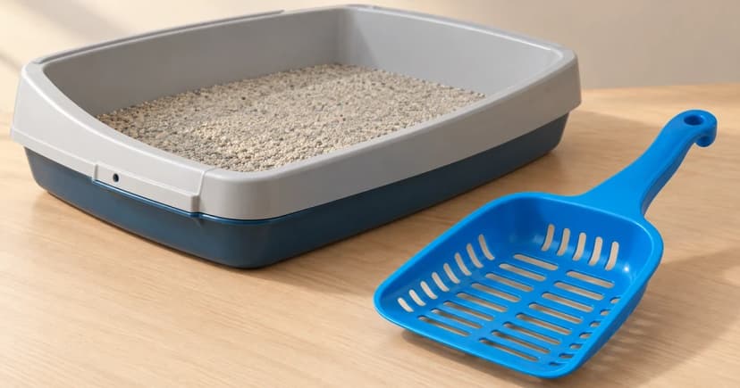 A gray litter pan with pale granules behind a separate blue slotted scoop on a neutral tabletop.