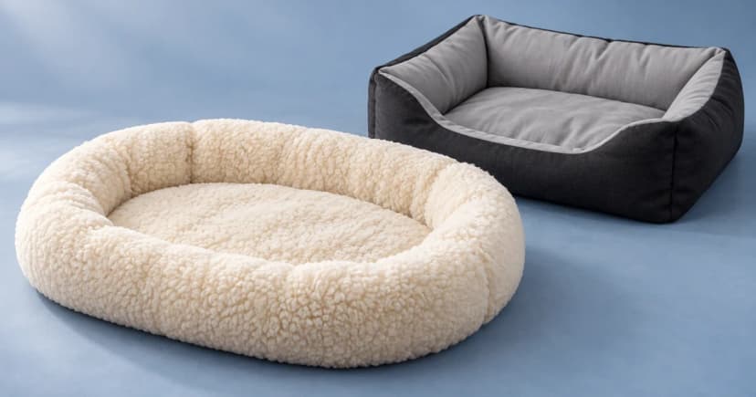 A cream oval bolstered pet bed beside a separate gray-and-black rectangular pet bed.