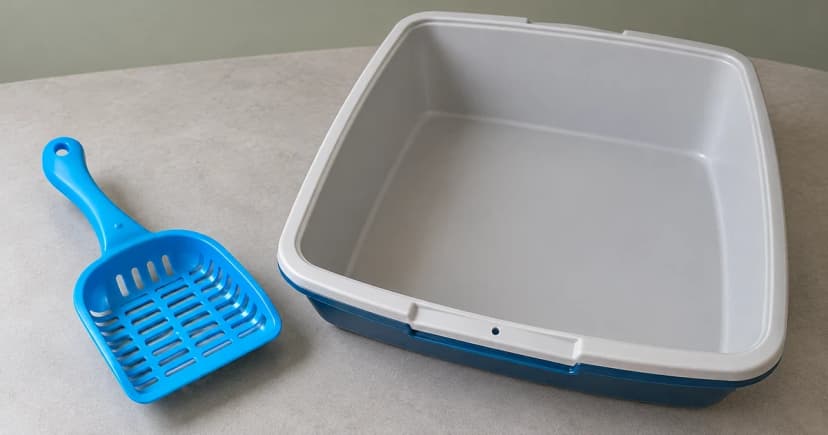 A gray litter pan beside a separate blue slotted scoop on a neutral tabletop.