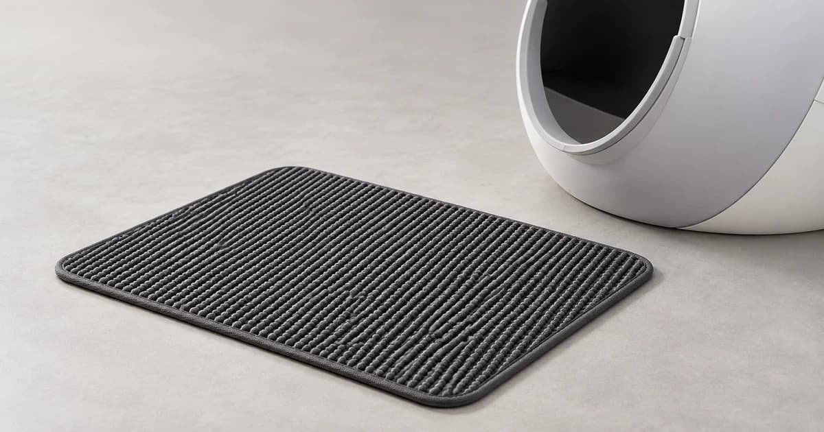 Edited illustration of a dark textured mat beside a separate curved litter-box opening.
