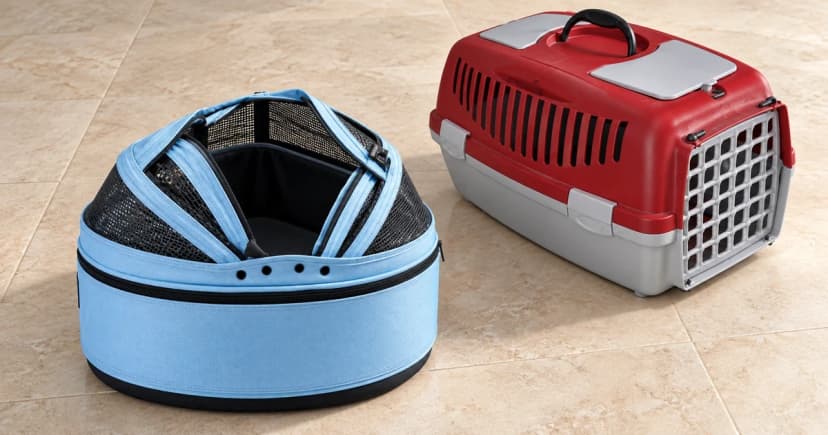 A red and gray rigid carrier beside a separate blue rounded fabric carrier with partly open mesh panels.