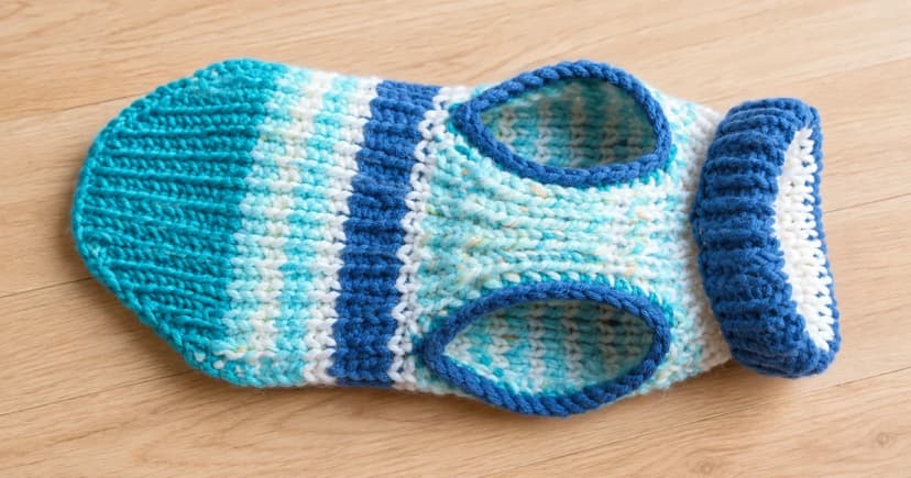 Blue, turquoise and white knitted dog sweater on a pale tabletop with ribbed neck and leg openings visible.