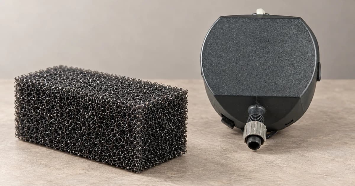 A generic closed aquarium pump-head casing beside a separate coarse porous foam block.
