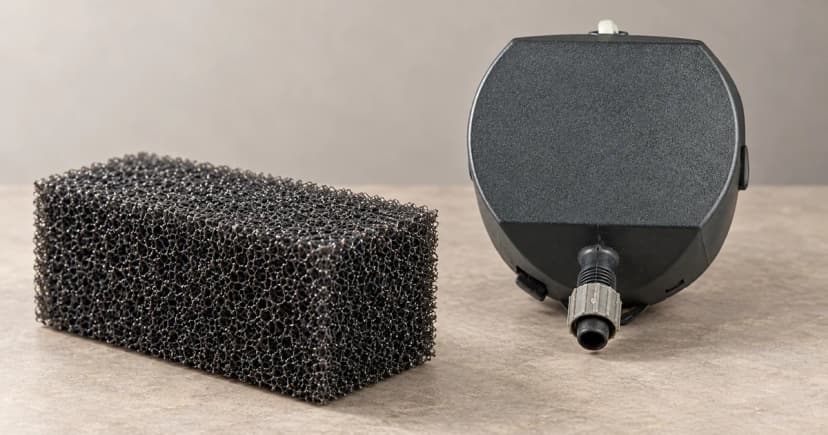 A generic closed aquarium pump-head casing beside a separate coarse porous foam block.