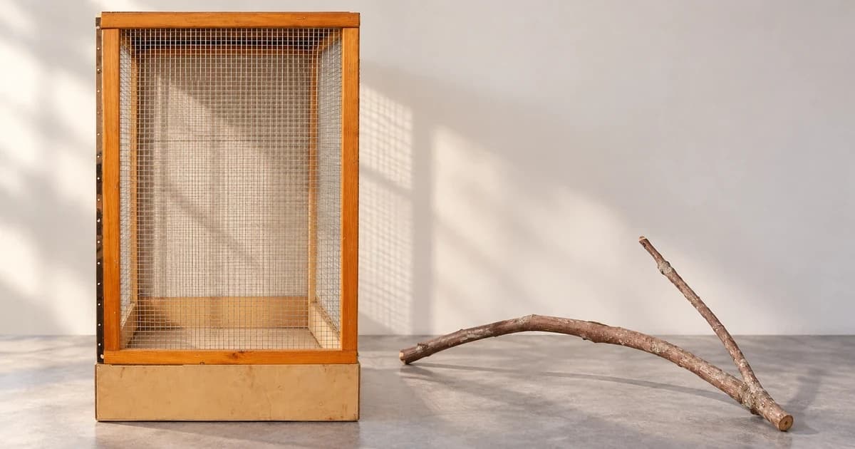 Wood-framed mesh enclosure beside a separate forked branch on a neutral tabletop.