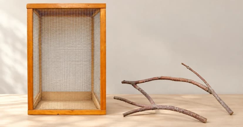 Empty wood-framed mesh enclosure with a separate branching perch on a pale tabletop.