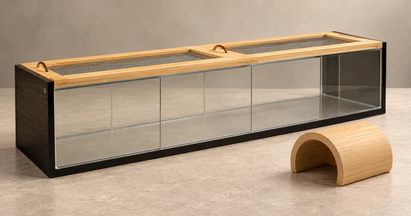 Empty transparent enclosure with a mesh cover and a separate low arched hide on a neutral tabletop.