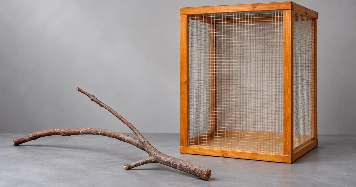 Empty wooden mesh enclosure with a separate forked branch on a grey tabletop.