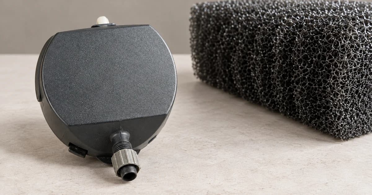 A separate dark aquarium pump casing and partial coarse foam block on a pale tabletop.
