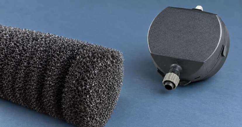 A partial coarse foam block and separate dark pump casing on a blue tabletop.