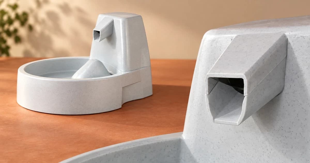 A grey fountain basin and tower beside a separate partial outlet closeup on a terracotta surface.