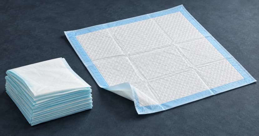 White pad with pale-blue edging and a separate folded-pad stack on a charcoal-blue tabletop.