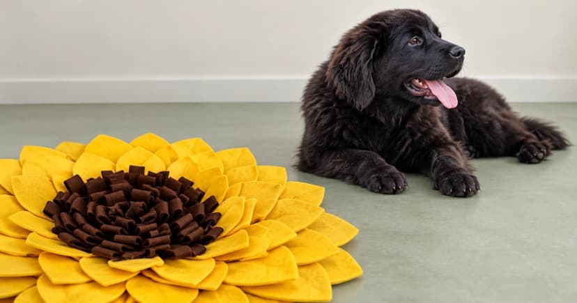A yellow and brown layered mat with a separate black dog resting farther away on a sage floor.