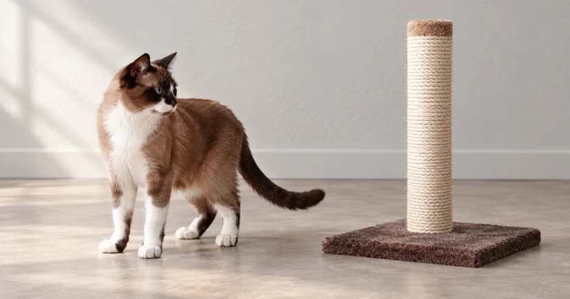 Generic upright scratching post with a separate brown-and-white cat on a pale floor.