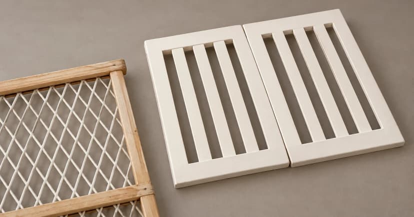 An unmounted pale slatted gate panel and a separate partial diamond-lattice section on a tabletop.