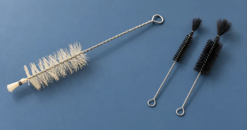A pale bristle brush and separate black bristle brushes lying on a slate-blue tabletop.