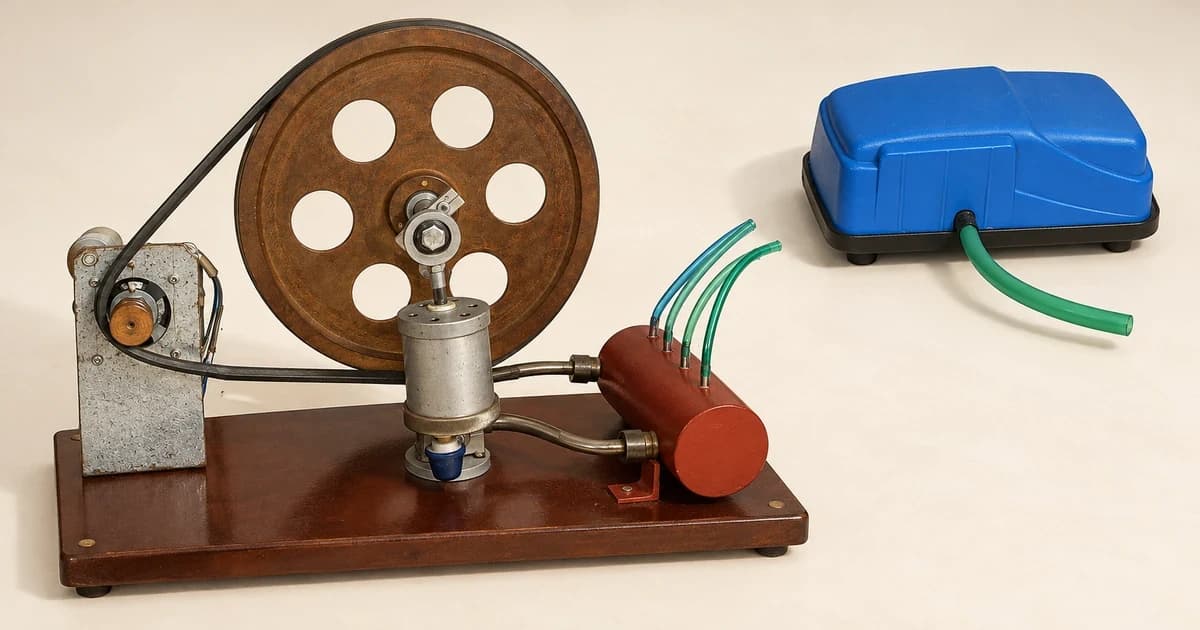 A blue enclosed air pump beside a separate exposed mechanical pump on a pale tabletop.