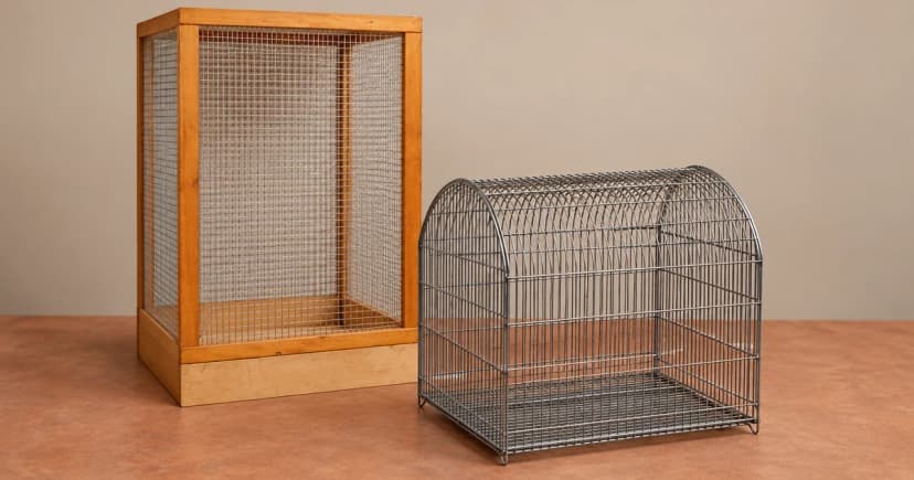 An empty wood-framed mesh cage beside a separate arched wire cage on a warm-toned tabletop.