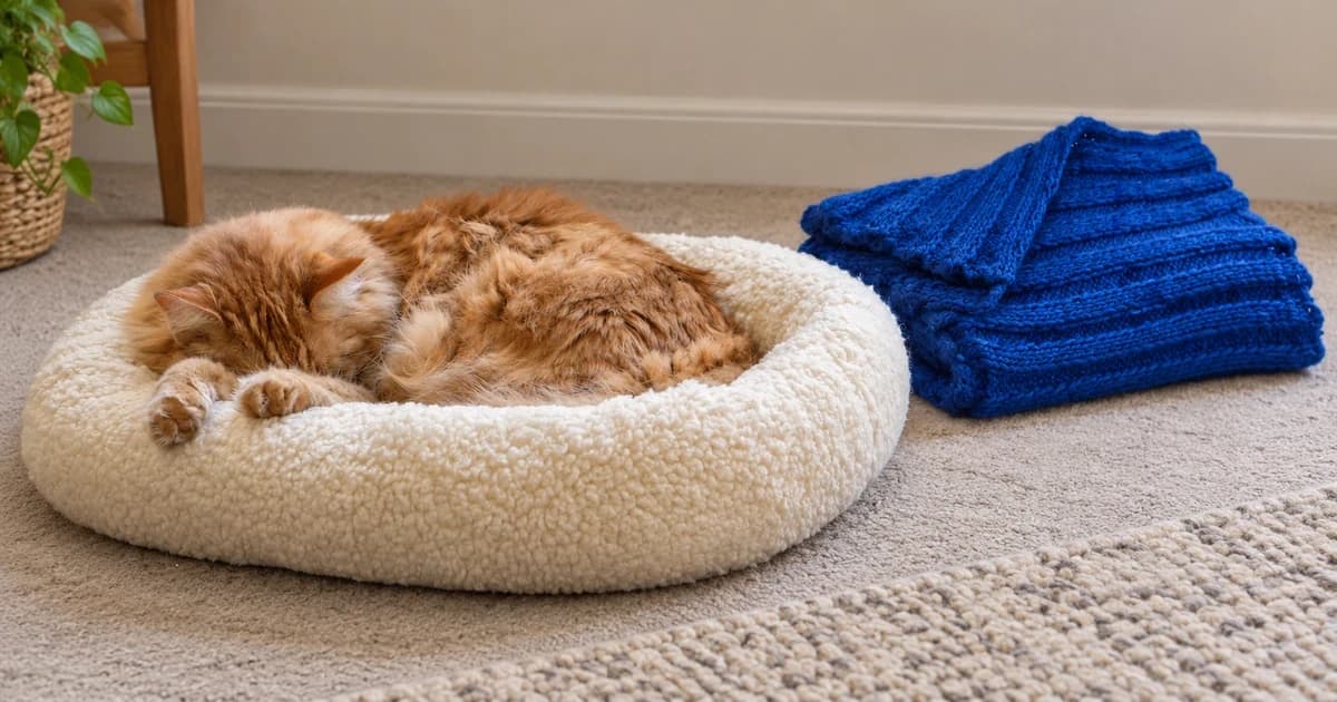 A ginger cat curled in a cream bed beside a separate folded blue blanket.