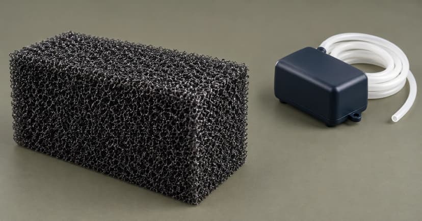 A separate black foam block and closed blue air pump with pale tubing on a muted tabletop.