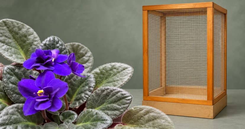 A partial purple-flowered plant beside a separate wood-framed mesh enclosure.