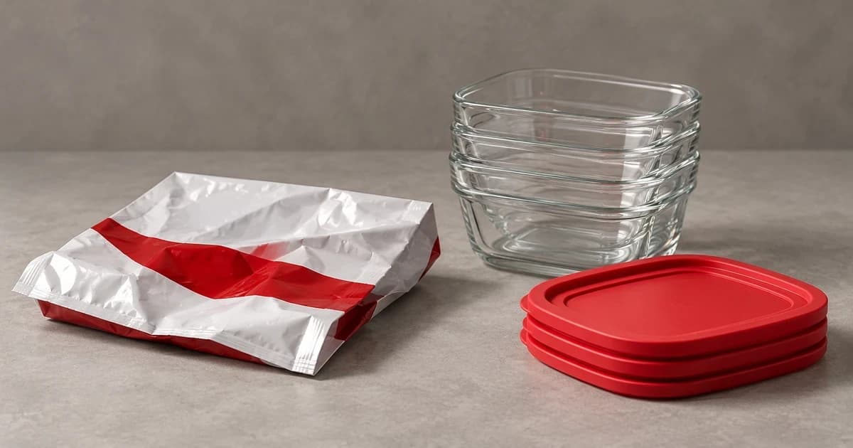A folded white and red package beside open transparent container bases and separate red lids.