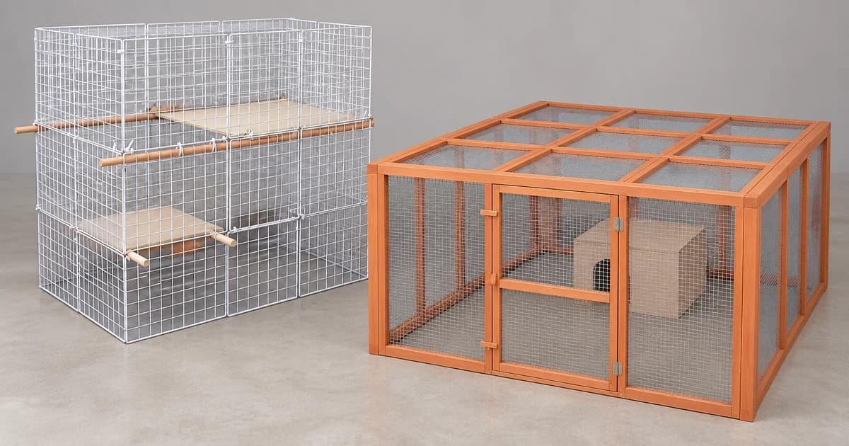 A white grid enclosure beside a separate wood-framed mesh enclosure.