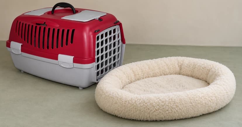 A closed red and gray carrier beside an empty cream oval pet bed.