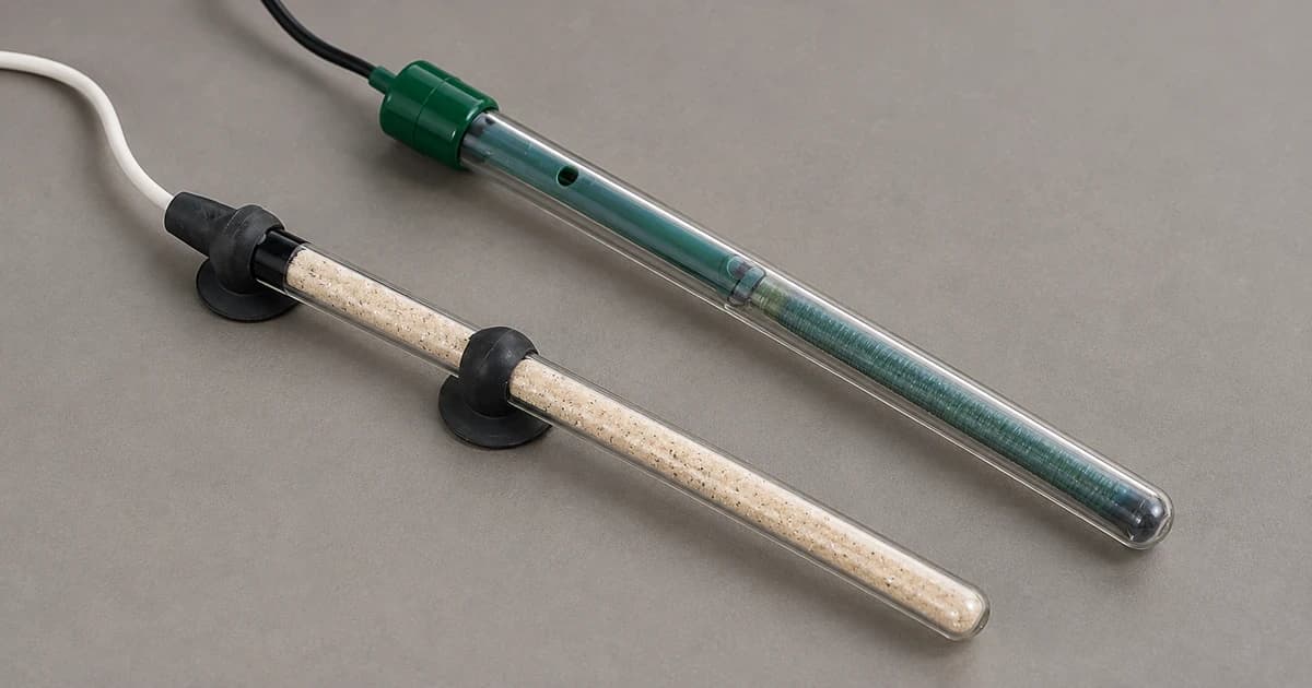 Two glass aquarium heater tubes with contrasting caps and supports on a neutral surface.