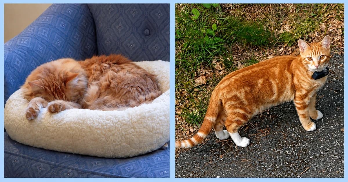 A long-haired cat curled in a cream bed beside a separate view of a tabby standing outdoors.