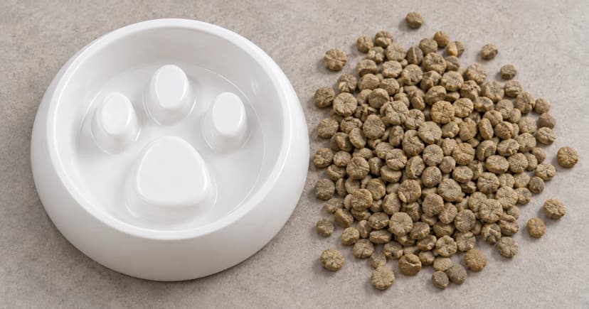 An empty white feeding bowl beside a loose cluster of dry kibble on a neutral surface.