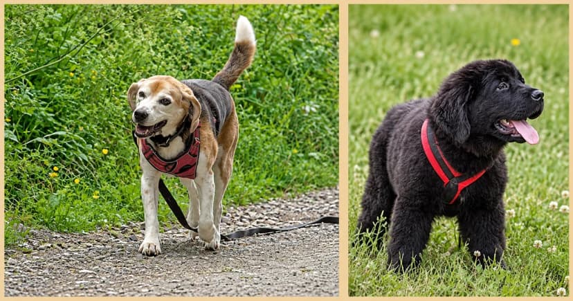 Separate views of a beagle on a path and a black puppy on grass.
