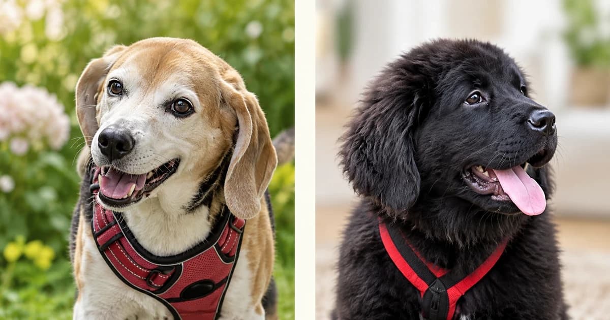 Separate portraits of a tricolour beagle and a black Newfoundland puppy, divided by a pale gutter.