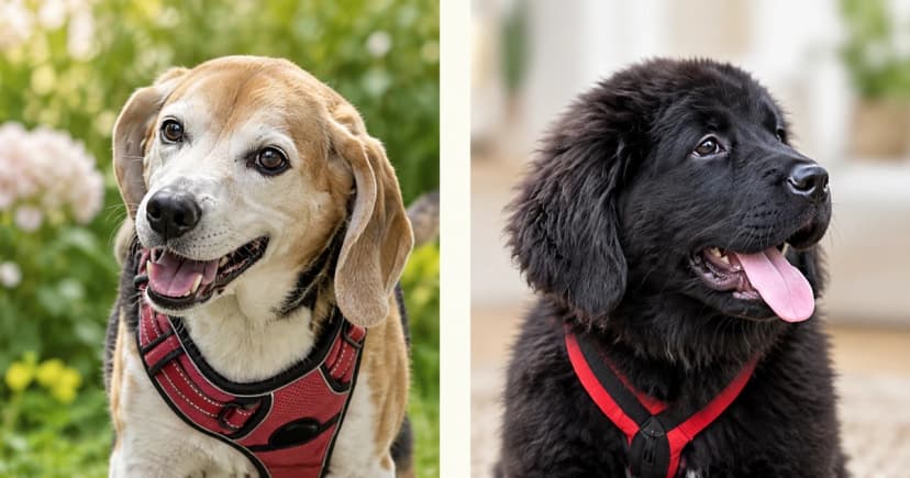 Separate portraits of a tricolour beagle and a black Newfoundland puppy, divided by a pale gutter.
